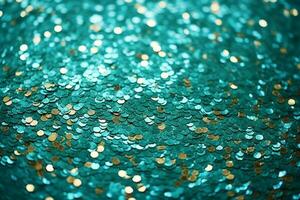 AI generated Abstract turquoise glitter sparkle background. Party invitation or poster. Generative AI photo