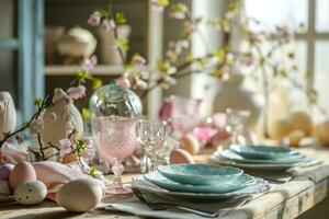 AI generated Pastel colored Easter table setting with delicate glassware. Table decor concept. Generative AI photo