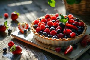 AI generated Homemade tart with berries. Summer berry tart with custard cream. Generative AI photo