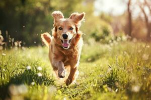 ai generado perro corriendo mediante un campo. mascota y primavera. generativo ai foto