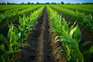 AI generated Rows of young corn plants growing on the field. Generative AI photo