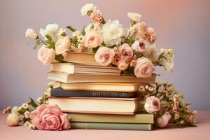 ai generado apilar de libros adornado con Fresco flores concepto de relajación y lectura. generativo ai foto