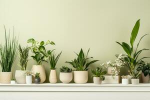 AI generated Shelf with group of houseplants on light wall. Minimal composition. Generative AI photo