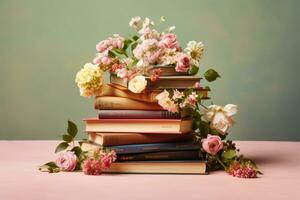 ai generado apilar de libros adornado con Fresco flores concepto de relajación y lectura. generativo ai foto