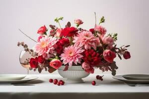 AI generated Romantic dinner setup. Table setting with a bouquet of red and pink flowers in a restaurant. Generative AI photo