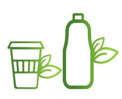 Eco-friendly bottle and cardboard glass. Biodegradable materials, dishes. Eco-friendly food, healthy eating, healthy food. Icons isolated from background vector