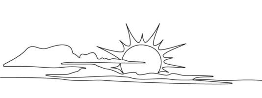 A continuous line of sun behind the clouds. Sunny summer travel concept. Sunny weather minimalist one line art. Vector illustration.