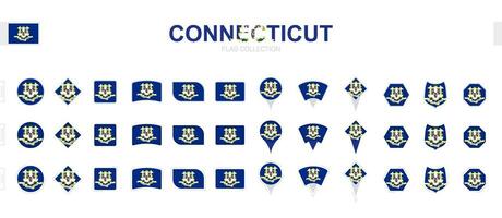 Large collection of Connecticut flags of various shapes and effects. vector