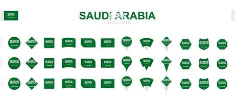 Large collection of Saudi Arabia flags of various shapes and effects. vector