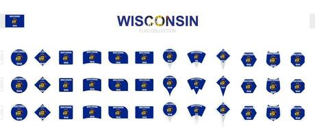 Large collection of Wisconsin flags of various shapes and effects. vector