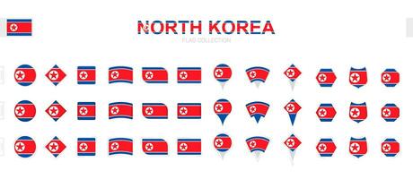 Large collection of North Korea flags of various shapes and effects. vector