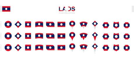 Large collection of Laos flags of various shapes and effects. vector