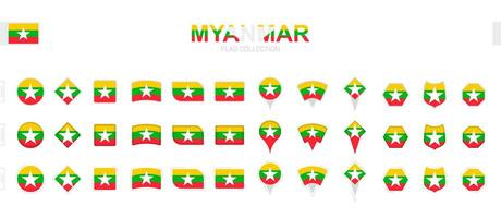 Large collection of Myanmar flags of various shapes and effects. vector