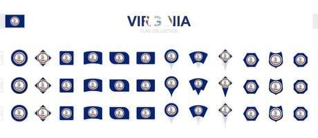 Large collection of Virginia flags of various shapes and effects. vector