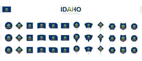 Large collection of Idaho flags of various shapes and effects. vector