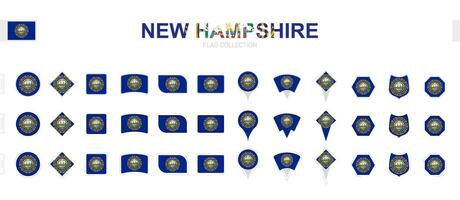 Large collection of New Hampshire flags of various shapes and effects. vector