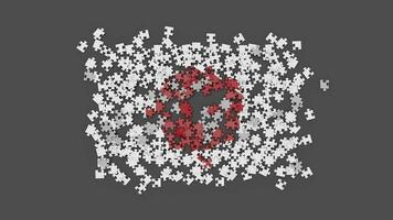 Animation of a Japan flag falling onto the surface, assembled from a puzzle with an alpha channel and a shadow. Wind blows the scattered Japanese pieces out of frame video