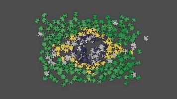 Animation von ein Brasilien Flagge fallen auf zu das Oberfläche, gebaut von ein Puzzle mit ein Alpha Kanal und ein Schatten. Wind weht das verstreut Brasilianer Stücke aus von Rahmen video