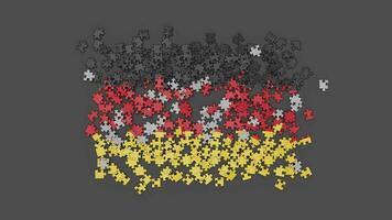 Animation von ein Deutschland Flagge fallen auf zu das Oberfläche, gebaut von ein Puzzle mit ein Alpha Kanal und ein Schatten. Wind weht das verstreut deutschland Stücke aus von Rahmen video