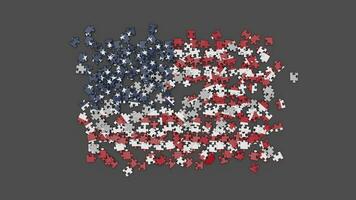 animation de une Etats-Unis drapeau chute sur le surface, assemblé de une puzzle avec un alpha canal et une ombre. vent coups le épars américain pièces en dehors de Cadre video