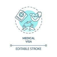 2D editable blue medical visa icon, simple isolated monochromatic vector, medical tourism thin line illustration. vector