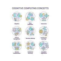 Collection of 2D editable colorful thin line icons representing cognitive computing, isolated simple vector, linear illustration. vector