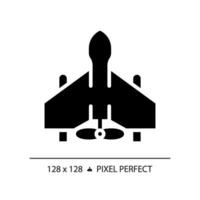 2D pixel perfect glyph style military drone icon, isolated vector, flat silhouette illustration representing weapons. vector