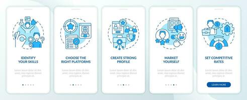 2D linear icons representing architecture of cognitive computing mobile app screen set. Walkthrough 5 steps blue graphic instructions with concept, UI, UX, GUI template. vector