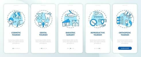 2d íconos representando médico turismo móvil aplicación pantalla colocar. recorrido 5 5 pasos azul gráfico instrucciones con Delgado línea íconos concepto, ui, ux, gui modelo. vector