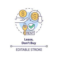 2D editable multicolor lease, dont buy icon, simple isolated vector, thin line illustration representing cash flow management. vector