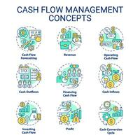 Set of 2D editable colorful thin line icons representing cash flow management, isolated simple vector, linear illustration. vector