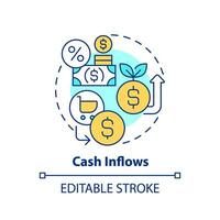 2D editable multicolor cash inflows icon, simple isolated vector, thin line illustration representing cash flow management. vector