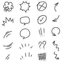 Conjunto de vectores de doodle de signo de expresión de dibujos animados dibujados a mano, flechas direccionales de curva, elementos de diseño de efectos de emoticonos, símbolos de emoción de personaje de dibujos animados, lindas líneas de trazo de pincel decorativo.