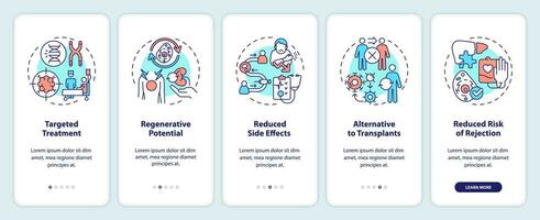 2D icons representing cell therapy benefits mobile app screen set. Walkthrough 5 steps multicolor graphic instructions with line icons concept, UI, UX, GUI template. vector