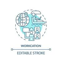 2D editable blue workcation icon, monochromatic isolated vector, thin line illustration representing workplace trends. vector