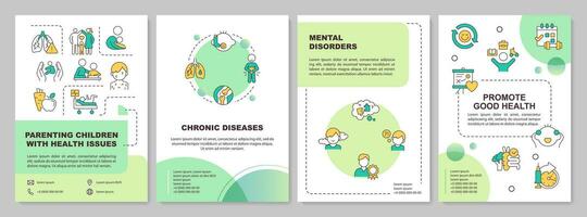 Green parenting children with health issues brochure template, leaflet design with thin linear icons, 4 vector layouts.