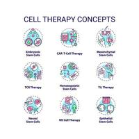 Collection of 2D editable colorful thin line icons representing cell therapy, isolated simple vector, linear illustration. vector