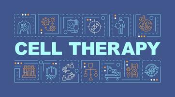 2D cell therapy text with various thin line icons concept on dark blue monochromatic background, editable 2D vector illustration.