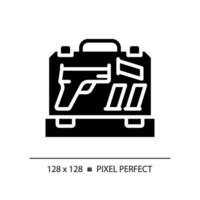 2D pixel perfect glyph style gun case icon, isolated vector, flat silhouette illustration representing weapons. vector