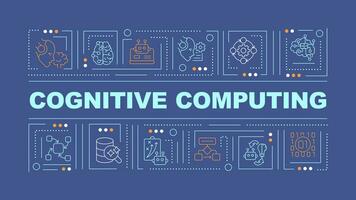 2D cognitive computing text with various creative thin linear icons concept on dark blue monochromatic background, editable vector illustration.