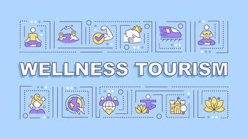 Wellness tourism text with various thin line icons concept on blue monochromatic background, editable 2D vector illustration.