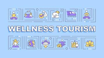 Wellness tourism text with various thin line icons concept on blue monochromatic background, editable 2D vector illustration.