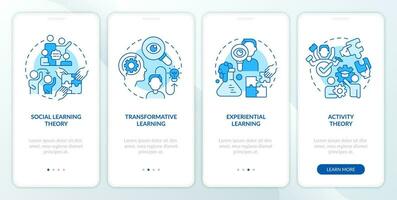 2D icons representing learning theories mobile app screen set. Walkthrough 4 steps blue graphic instructions with linear icons concept, UI, UX, GUI template. vector