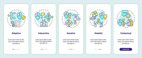 2D icons representing cognitive computing features mobile app screen set. Walkthrough 5 steps multicolor graphic instructions with thin line icons concept, UI, UX, GUI template. vector