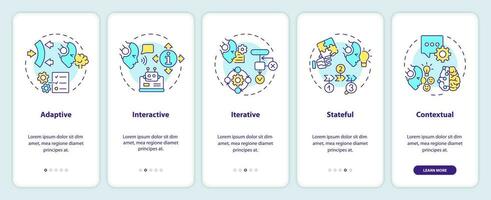 2D icons representing cognitive computing features mobile app screen set. Walkthrough 5 steps multicolor graphic instructions with thin line icons concept, UI, UX, GUI template. vector