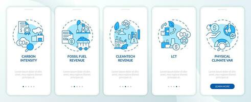 2D icons representing climate metrics mobile app screen set. Walkthrough 5 steps blue graphic instructions with thin line icons concept, UI, UX, GUI template. vector