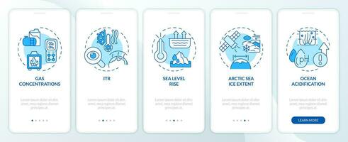 2d azul íconos representando clima métrica móvil aplicación pantalla colocar. recorrido 5 5 pasos monocromo gráfico instrucciones con Delgado línea íconos concepto, ui, ux, gui modelo. vector