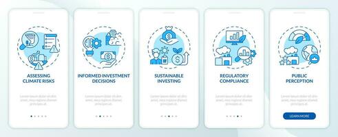 2D icons representing climate metrics mobile app screen set. Walkthrough 5 steps blue graphic instructions with linear icons concept, UI, UX, GUI template. vector