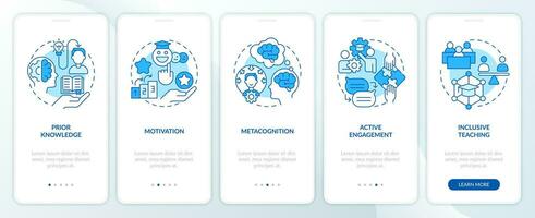 2d íconos representando aprendizaje teorías móvil aplicación pantalla colocar. recorrido 5 5 pasos azul gráfico instrucciones con línea íconos concepto, ui, ux, gui modelo. vector