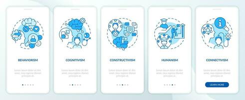 2D icons representing learning theories mobile app screen set. Walkthrough 5 steps blue graphic instructions with thin line icons concept, UI, UX, GUI template. vector